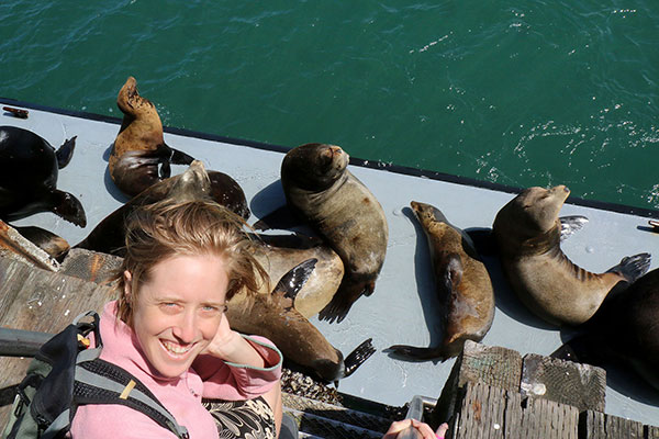 Bronwen copying an Elephant Seal, Santa Cruz