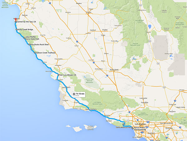 We drove from Venice Beach, Los Angeles, along Highway One and Big Sur to Carmel-by-the-Sea, California