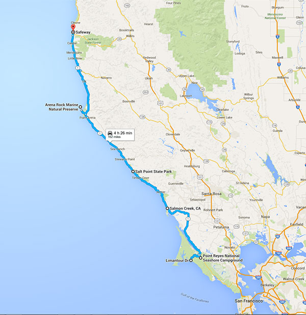 We drive from Point Reyes, California to Fort Bragg, California along California 1, following the scenic coastline.