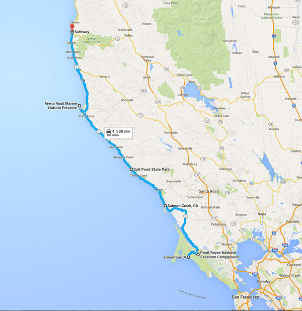 We drive from Point Reyes, California to Fort Bragg, California along California 1, following the scenic coastline.