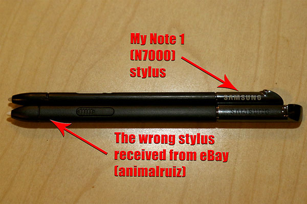 The incorrect, and probably fake, stylus from eBay
