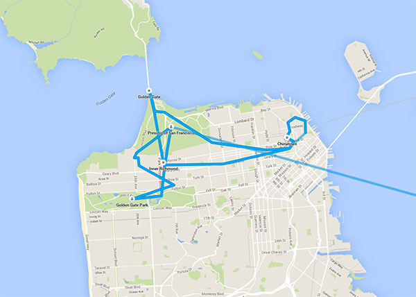 Terrible tracking possibly approximating our wander through San Francisco