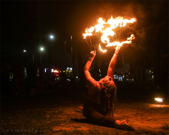 Fire twirling at Burleigh Bongos, Justins Park, Burleigh Heads