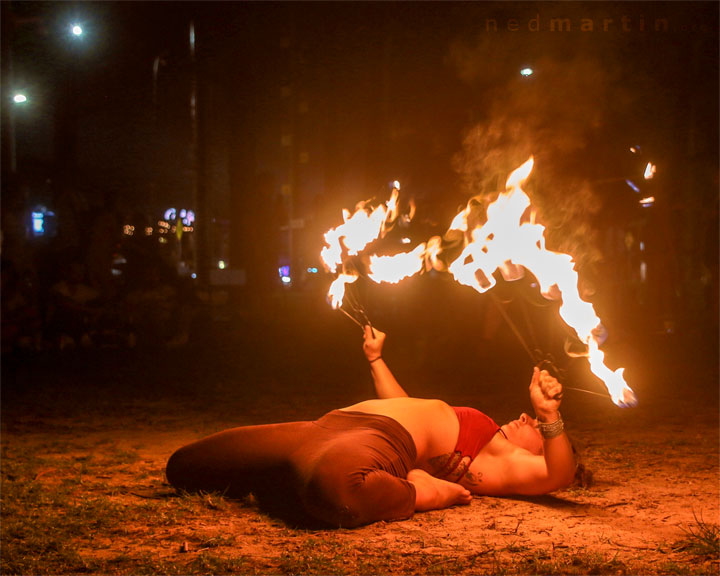 Fire twirling at Burleigh Bongos, Justins Park, Burleigh Heads