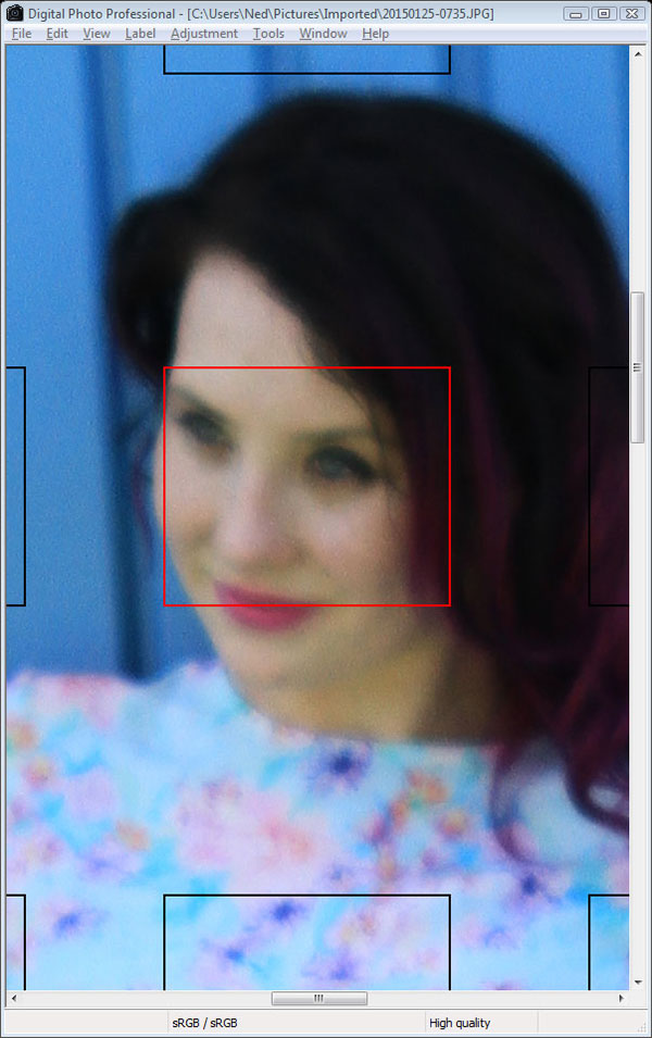 In this 100% crop of the model’s face, it is clear that the photo is badly out of focus. The depth of field at these settings should have been something in the realm of 30 to 80cm, yet no part of the model or the wall behind her is in focus.