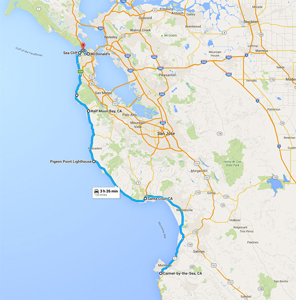 We drove along the coast from Carmel-by-the-Sea to San Francisco, California, via Santa Cruz, Pigeon Point Lighthouse & Half Moon Bay
