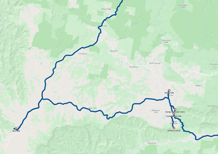 Map: Dorrigo to Ebor Falls