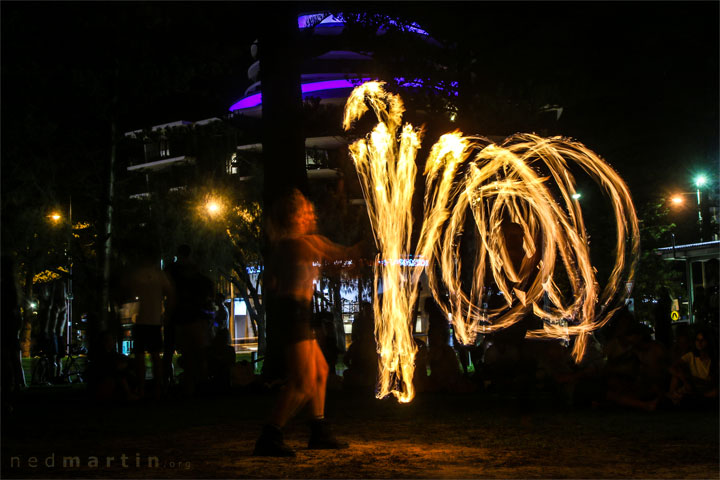 Fire twirling at Burleigh Bongos, Justins Park, Burleigh Heads