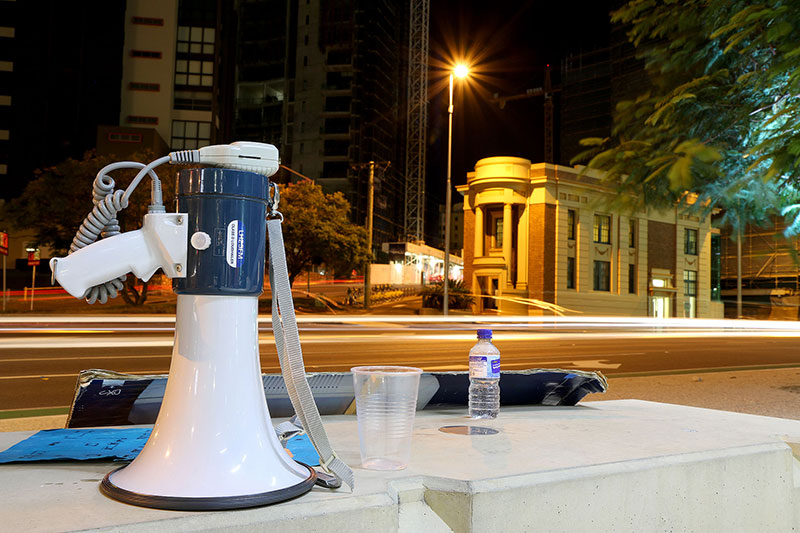 A megaphone at the Vigil for Baby Asha