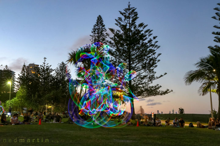 Acro and fire twirling at the last ever Burleigh Bongos Fire Circle, Justins Park, Burleigh Heads