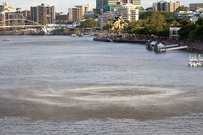 The helicopters made big disturbances in the water