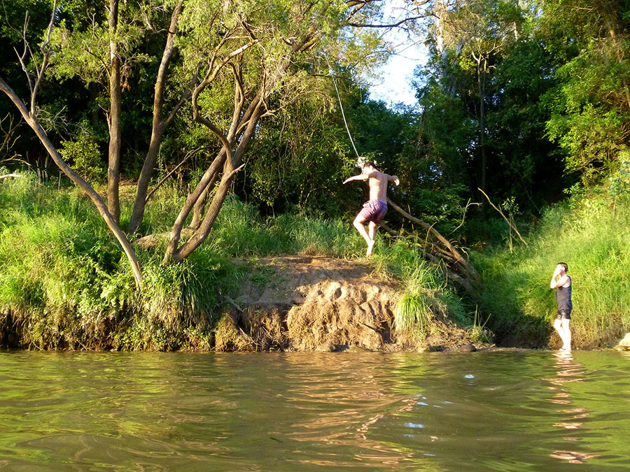 A man leaps several feet into the air after spotting an aquatic creature that could have inflicted a bite or sting at College’s Crossing.