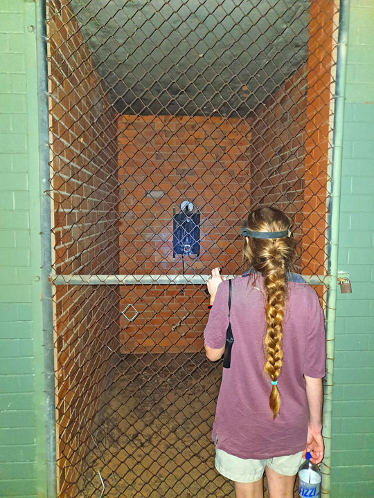 Bronwen looking at the unknown thing — at a water tank