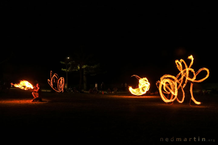Acro and fire twirling at the last ever Burleigh Bongos Fire Circle, Justins Park, Burleigh Heads