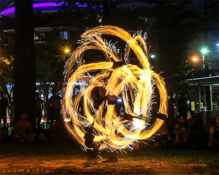 Fire twirling at Burleigh Bongos, Justins Park, Burleigh Heads