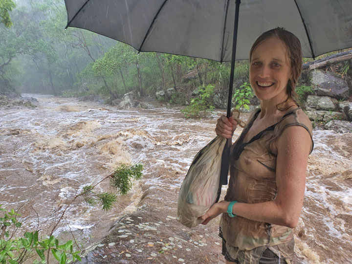 Bronwen holding Wallace’s rather sad and wet bag