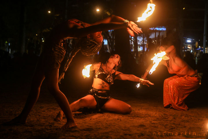 Fire twirling at Burleigh Bongos, Justins Park, Burleigh Heads