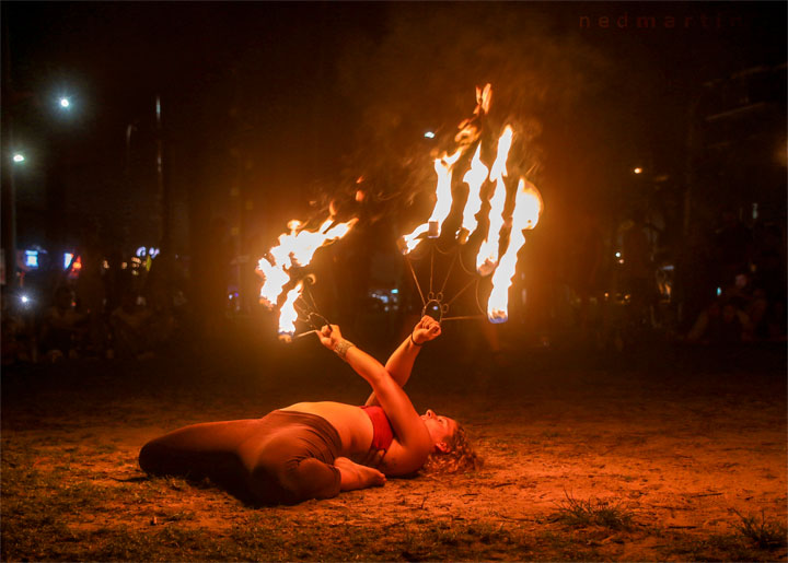 Fire twirling at Burleigh Bongos, Justins Park, Burleigh Heads