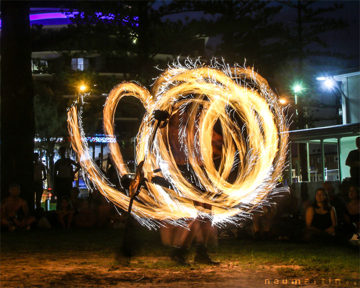 Fire twirling at Burleigh Bongos, Justins Park, Burleigh Heads