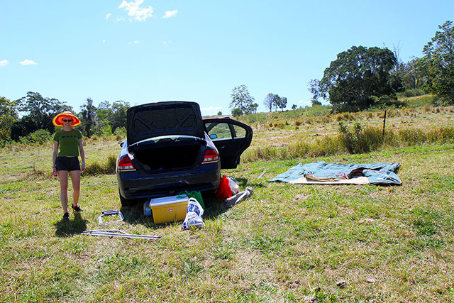 Bronwen unpacking and setting up the tent