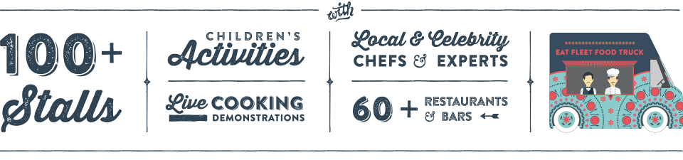 100+ Stalls, Children's activities, Live cooking demonstrations, Local & celebrity chefs & experts, 60+ Restaurants & bars, Eat Fleat Food Trucks