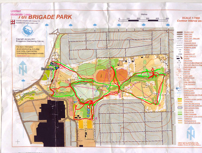 Bronwen (green) and my (red) routes on the orienteering map