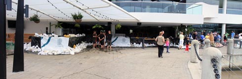 Sand bags along Eagle Street Pier