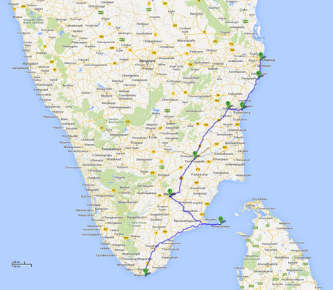 Map of Tamil Nadu showing our route