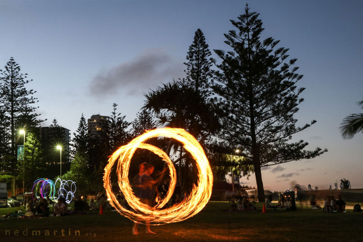 Acro and fire twirling at the last ever Burleigh Bongos Fire Circle, Justins Park, Burleigh Heads