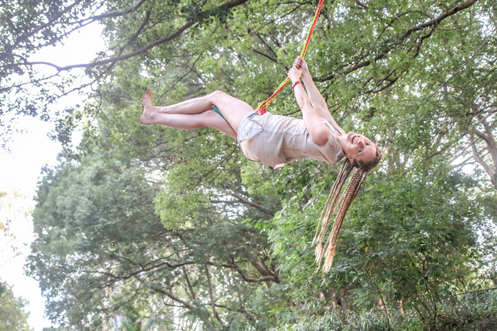 Bronwen playing on a rope swing at Tillack Park