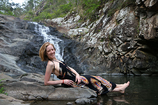 Bronwen happy after deciding there is not a waterfall behind her