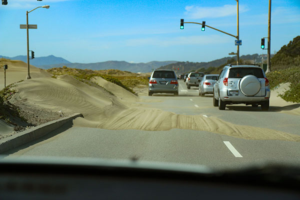 Wind-blown sand had shut down some of the roads on the way into San Francisco