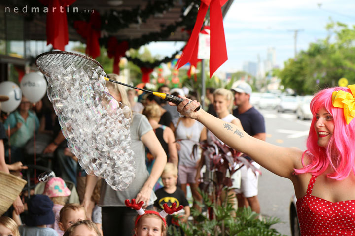 Miss Bubbles with many bubbles at the Paddington Christmas Fair