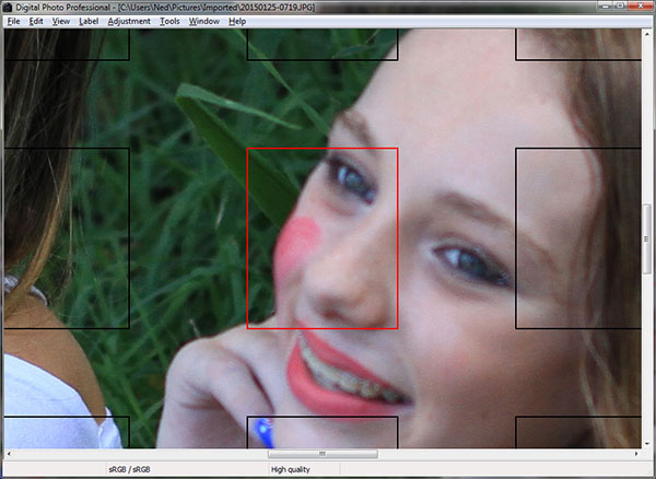 100% crop of the model’s face, showing the focus point location and the level of focus error. In this particular photo it is feasible the focus point could have focussed off the side of the model’s face, however this is just one in a series of photographs, many of which had the focus point located differently but still exhibited the same problem.