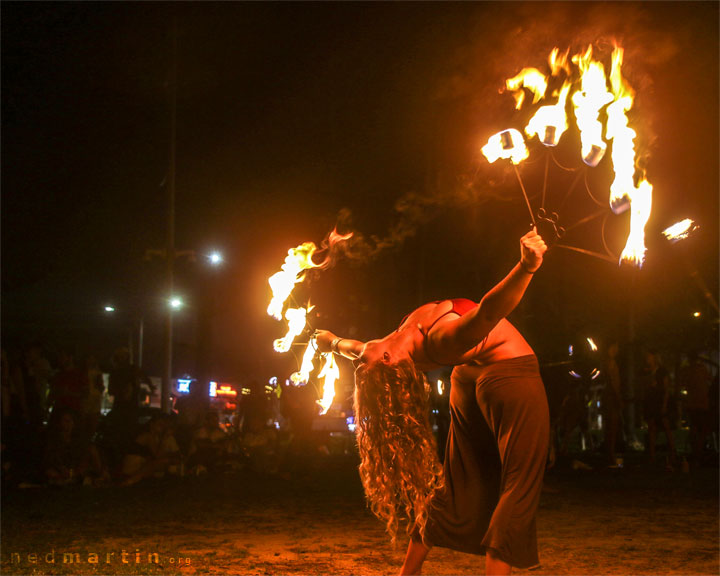 Fire twirling at Burleigh Bongos, Justins Park, Burleigh Heads