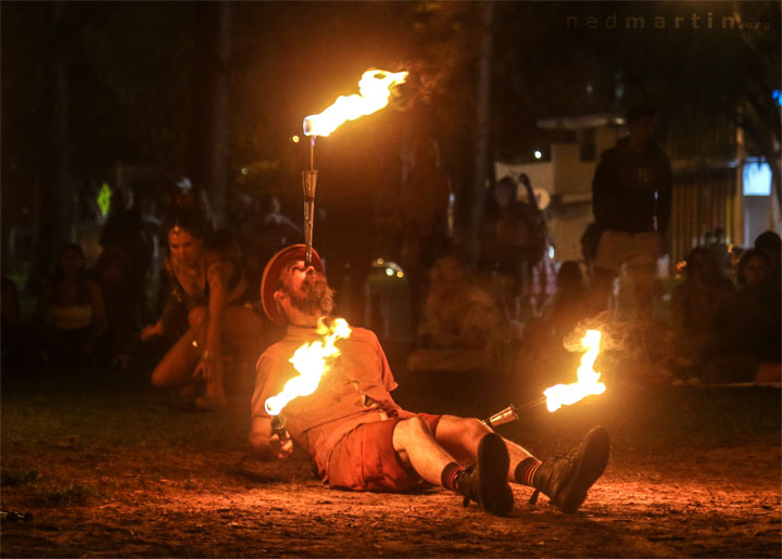 Fire twirling at Burleigh Bongos, Justins Park, Burleigh Heads