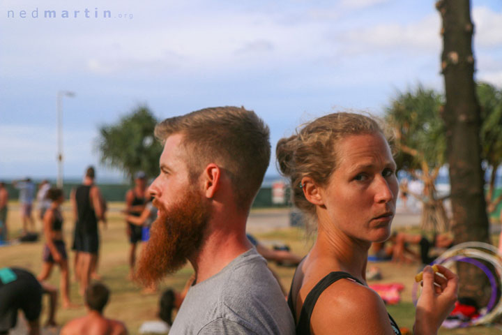 Tanya is suspicious, because someone once took a bad (but very amusing) photo of her while she was eating, & she is not sure if that is what is happening again.

Jimmy is calm, because he knows, no matter what else happens, he still has his beard. — with James Maxwell & Tanya Hutchins at Justins Park, Burleigh Heads