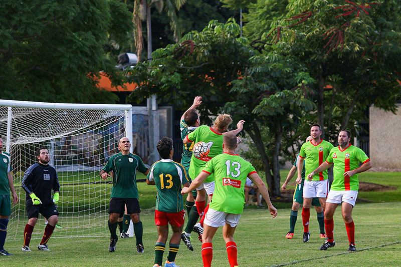 Men can’t find the ball because it is behind them