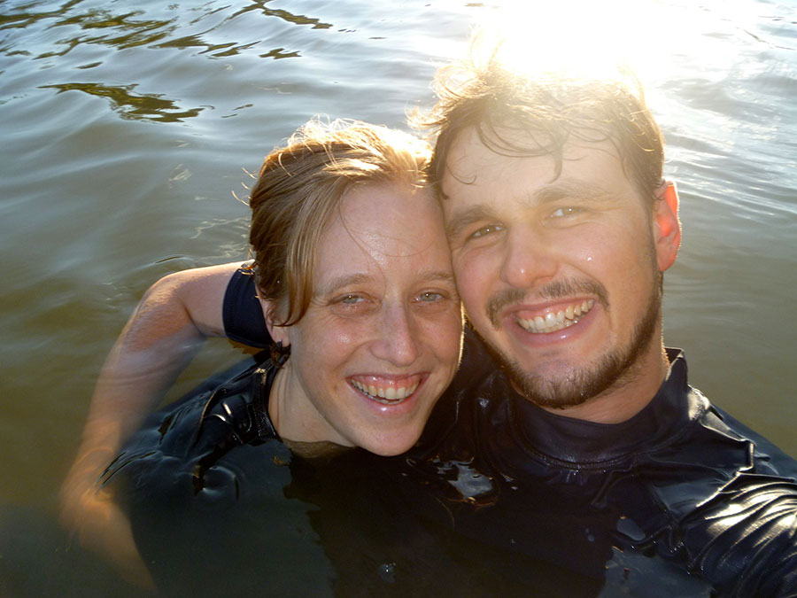 Bronwen and Ned enjoy the cooling waters and aquatic creatures that can inflict bites and stings at College’s Crossing.