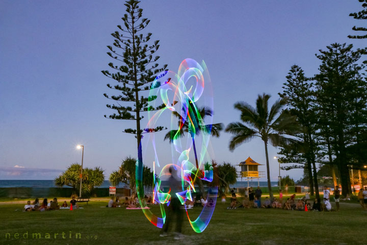 Acro and fire twirling at the last ever Burleigh Bongos Fire Circle, Justins Park, Burleigh Heads