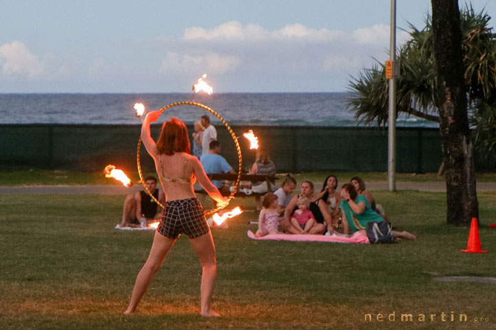 Acro and fire twirling at the last ever Burleigh Bongos Fire Circle, Justins Park, Burleigh Heads