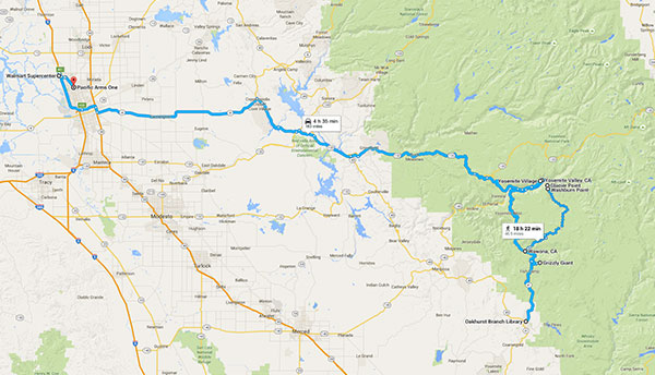 We drive from Oakhurst, California to Lakeview in Stockton, California via Grizzly Giant, Glacier Point and Yosemite Village, in Yosemite National Park. 