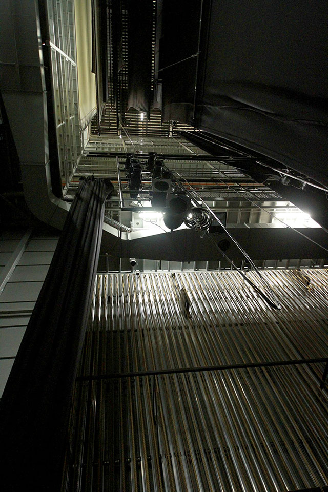 The fly tower ropes looking up into the fly tower