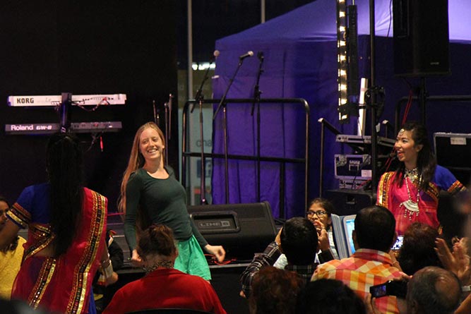 Bronwen dancing at the Indian Independence Day Festival, Fortitude Valley