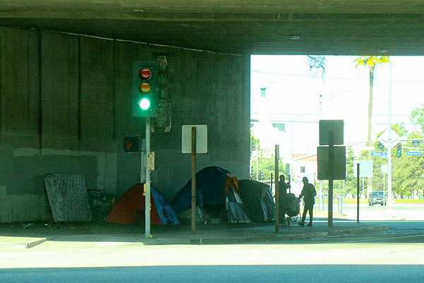 Homeless camping under a bridge in LA