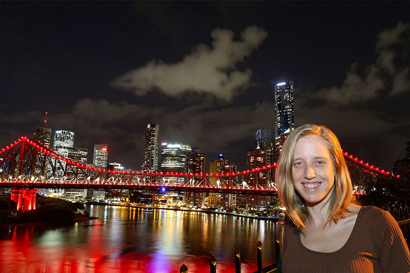 Bronwen and the city from Wilsons Lookout