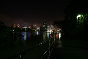 Brisbane River in flood at night