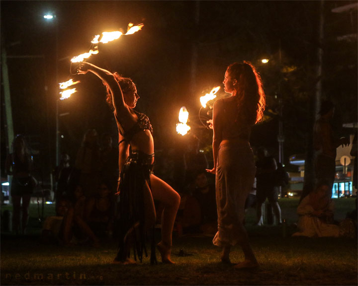 Fire twirling at Burleigh Bongos, Justins Park, Burleigh Heads