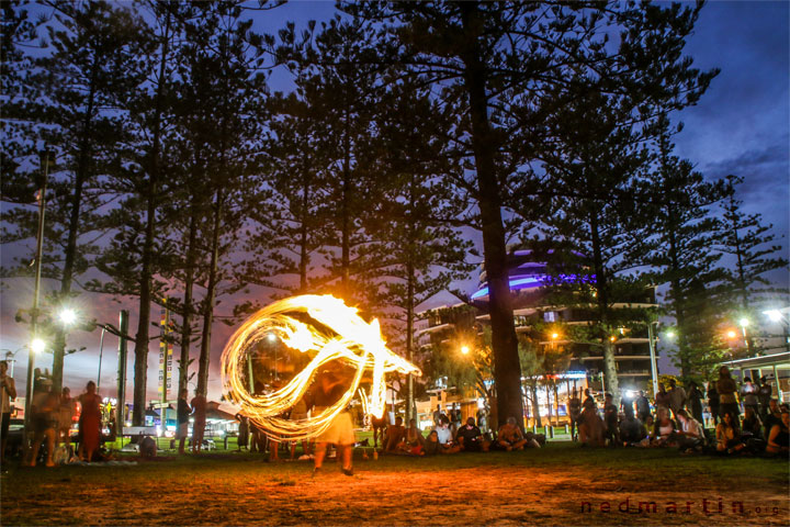 Fire twirling at Burleigh Bongos, Justins Park, Burleigh Heads