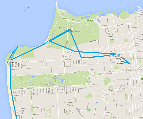 As can be somewhat seen from the terrible tracking on this map (most likely because I had my GPS disabled), we drove from Sea Cliff to the Presidio of San Francisco, then into the Fillmore District for dinner, then back to the Presidio of San Francisco, where we slept.
